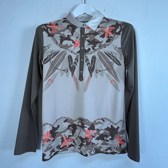 Daily Sports Womens Camo Feather Long Sleeve Polo Shirt Medium Beige Rhinestones - Picture 1 of 9